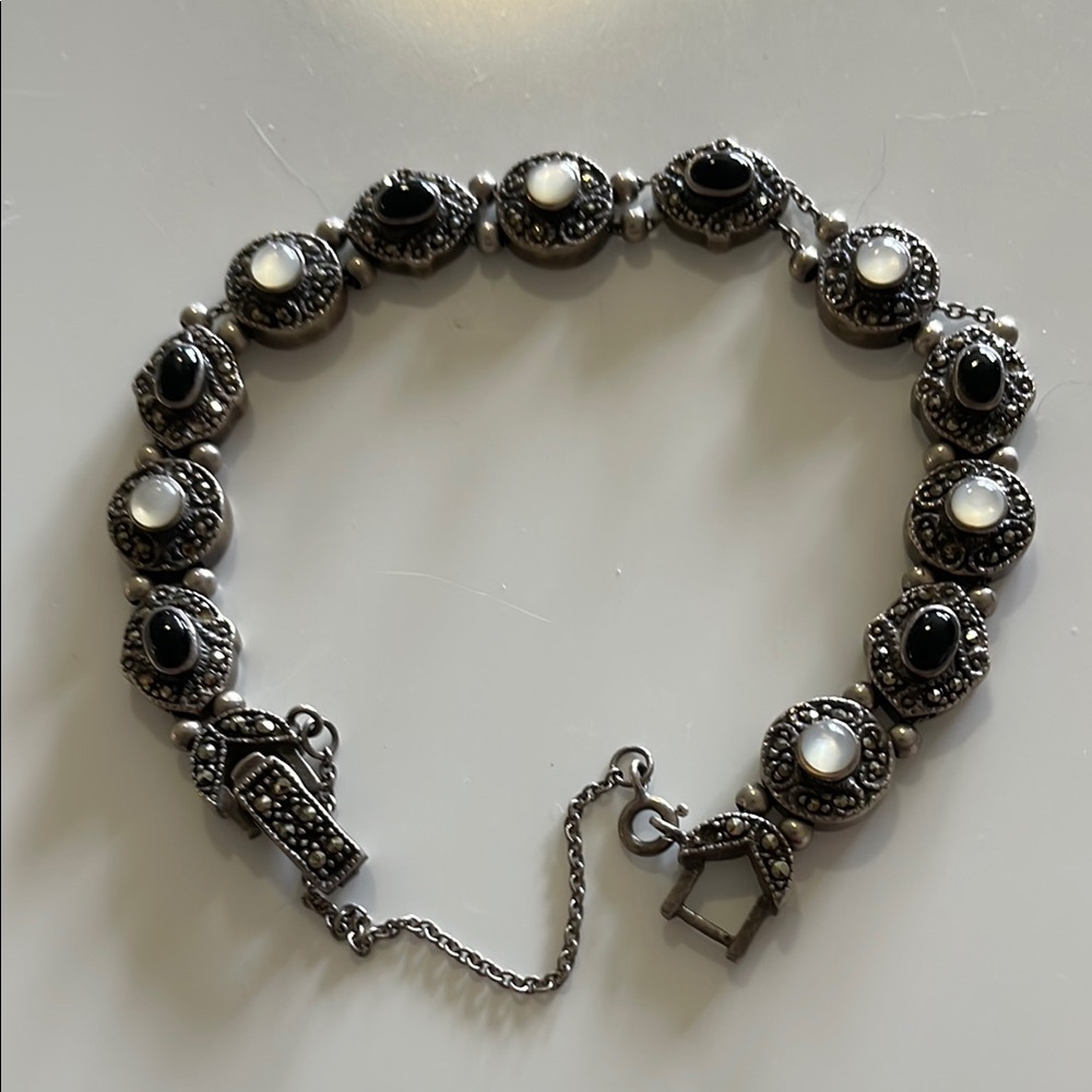 Art Deco Slide Charm Marcasite Black Onyx Stamped 925 Silver MOP Chain Bracelet